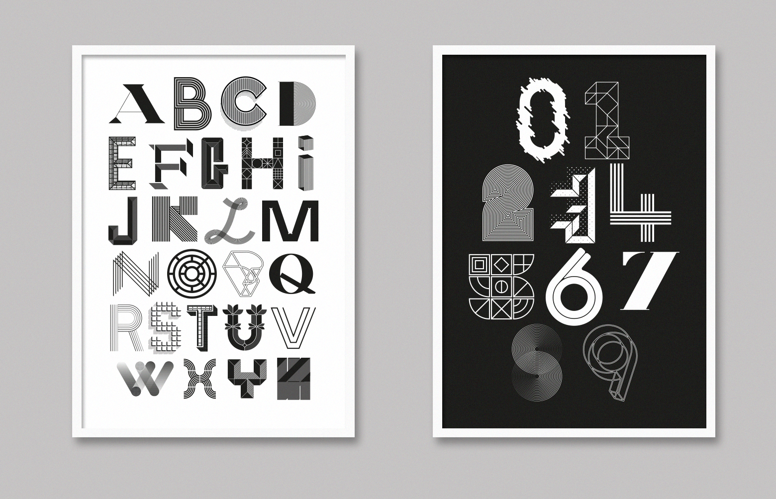 Alphabet and numerals prints framed up by A.N.D. Studio